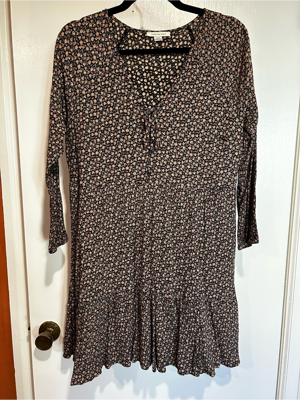 American Eagle Outfitters Black Floral Long Sleeve Tiered Dress